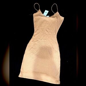 Windsor Small Tan Mini Dress Ribbed Stretch Bungee Cord Spaghetti Strap